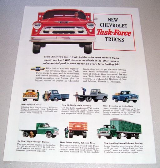 1955 Chevrolet Task Force Trucks Color Print Ad