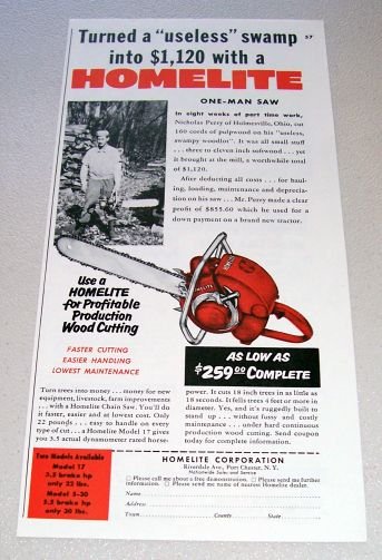 1955 Homelite Model 17 Chain Saw Print Ad Nicholas Perry Holmesville Ohio