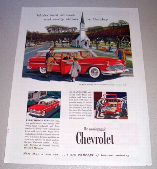1955 Chevrolet Bel Air Beauville Station Wagon Print Car Ad Church House Art