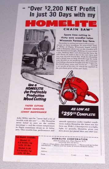 1955 Homelite Chain Saw Print Ad John F Miller Pepin Wisconsin