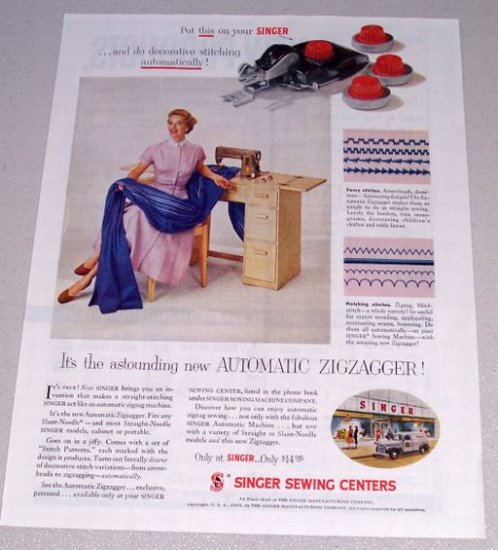 1955 Singer Sewing Machine Print Ad Automatic Zigzagger