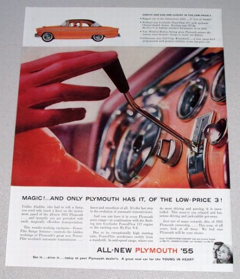 1955 Color Print Car Ad Plymouth Automobile Dashboard Shifting