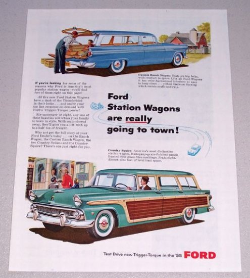 1955 Color Print Car Ad Ford Country Squire Custom Ranch Station Wagons Automobiles