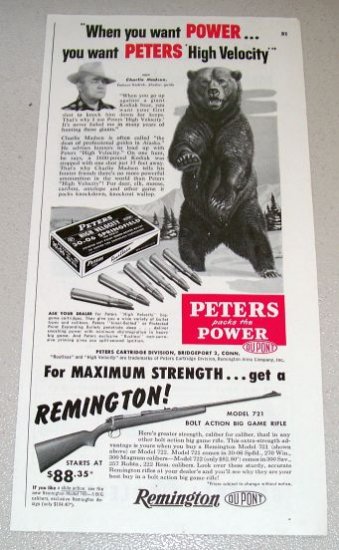 1954 Print Ad Peters High Velocity 30-06 Springfield Shells Bear Animal Art