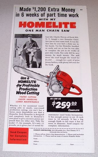 1954 Print Ad Homelite Model 17 Power Chain Saw Charlie Downs Rock Rift NY