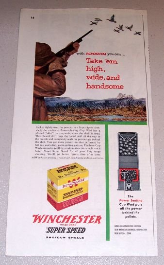 1954 Color Print Ad Winchester Super Speed Shotgun Shells Duck Hunting Art