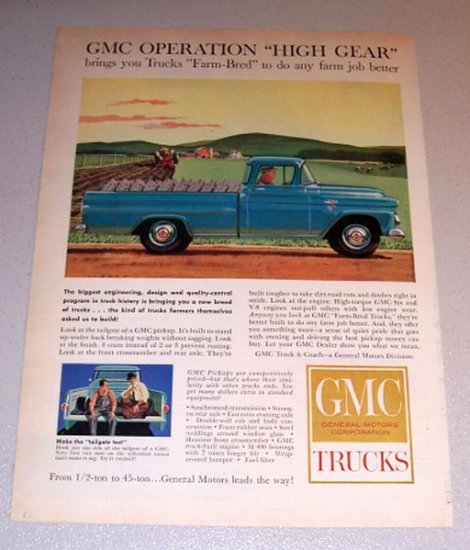 1959 Color Print Ad GMC Blue Pickup Truck Farming Art