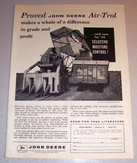 1959 Print Ad John Deere Air-Trol 99 Two Row Self Propelled Picker