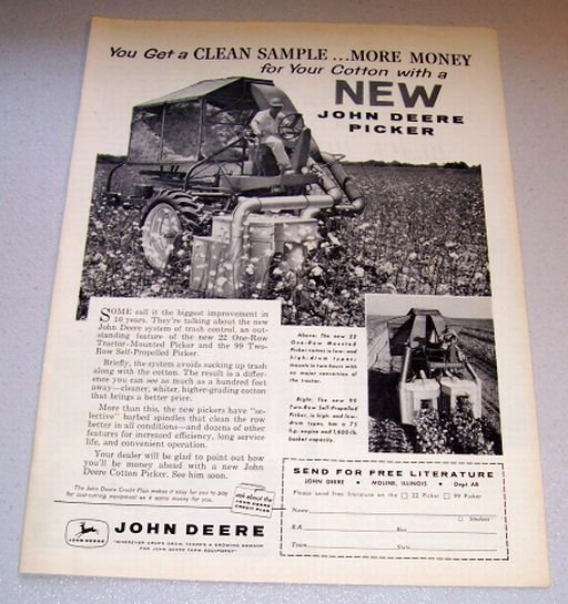 1958 Farm Print Ad John Deere 22 One Row Mounted Picker