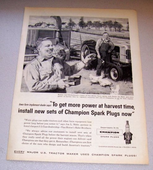 1958 Print Ad Champion Spark Plugs Farming Art Carl Rinderknecht Van Horne Iowa