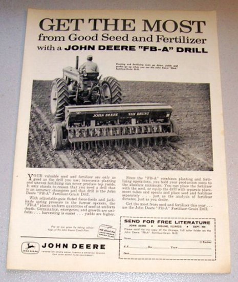 1958 Farm Print Ad John Deere FB-A Fertilizer Grain Drill
