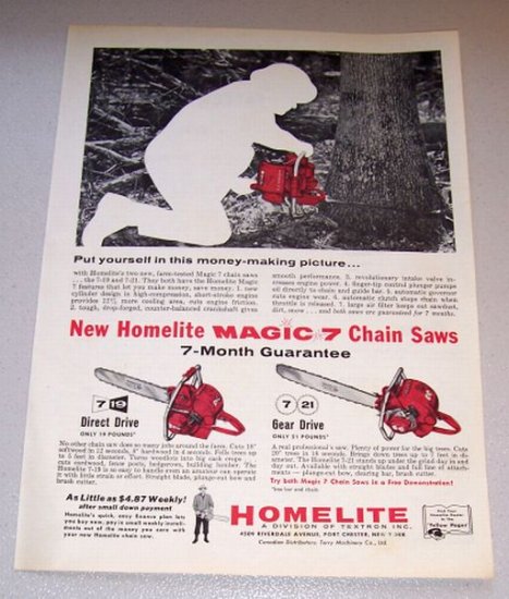 1958 Print Ad Homelite 7-19 7-21 Power Chain Saws