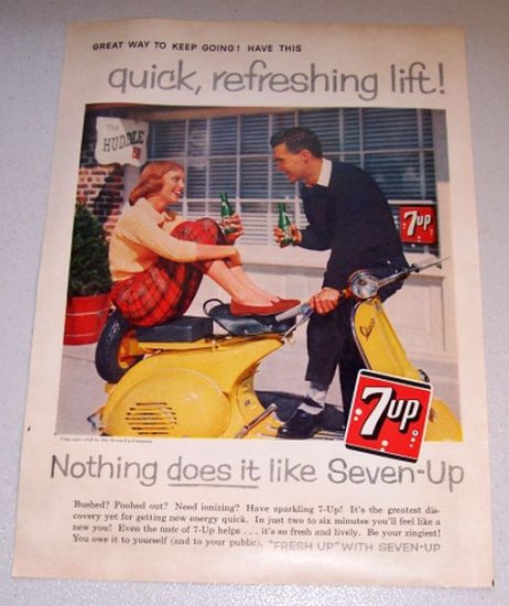 1958 Color Print Beverage Ad 7UP Soda Vespa Moped Scooter