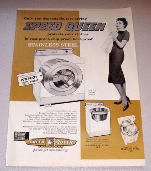 1958 Print Ad Speed Queen Stainless Steel Dryer