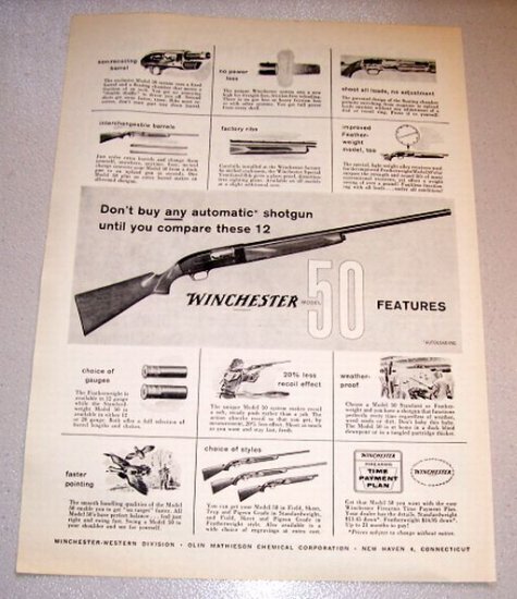 1958 Gun Print Ad Winchester Model 50 Automatic Shotgun