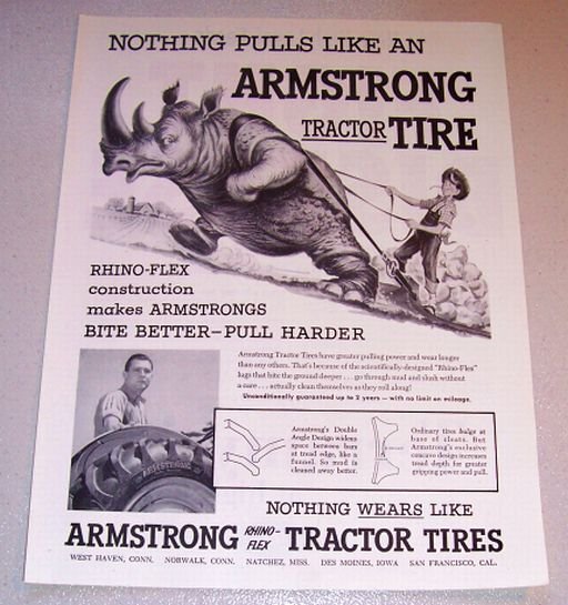1955 Print Ad Armstrong Tractor Tires Rhinoceros Animal Art