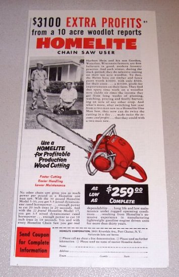 1955 Print Ad Homelite Model 5-30 Chain Saw Herbert Gordon Hein Waterloo Wisconsin