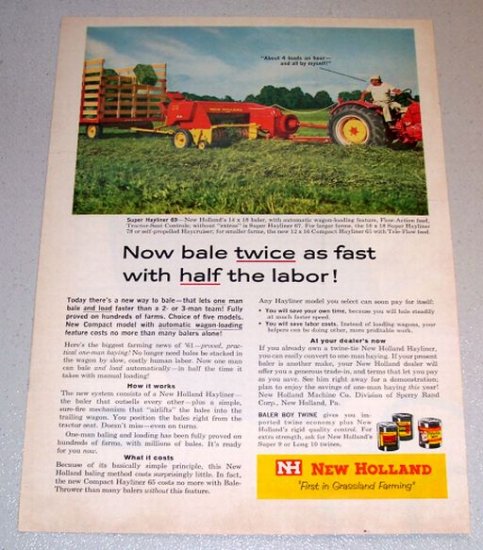 1961 Color Print Farm Ad New Holland Super Hayliner 69 Square Baler