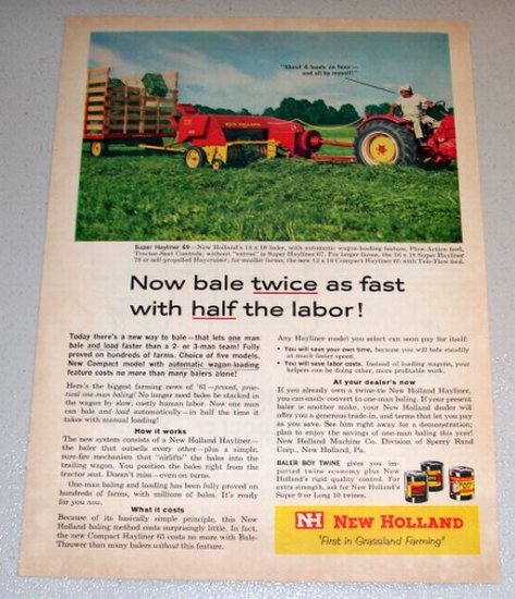 1961 Color Print Farm Ad New Holland Super Hayliner 69 Square Baler