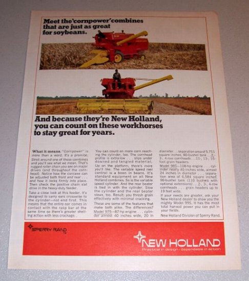 1968 Color Print Ad New Holland Model 975 985 Combines Farm Implement