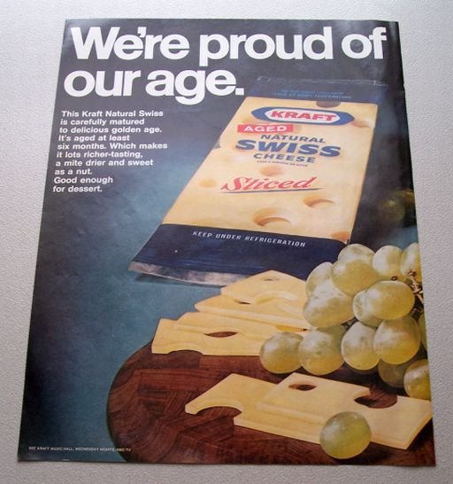 1969 Kraft Sliced Natural Swiss Cheese Color Print Ad