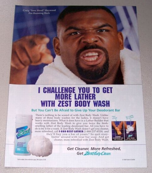 1998 Zest Body Wash Color Print Ad Celebrity NFL Running Back Craig Heyward