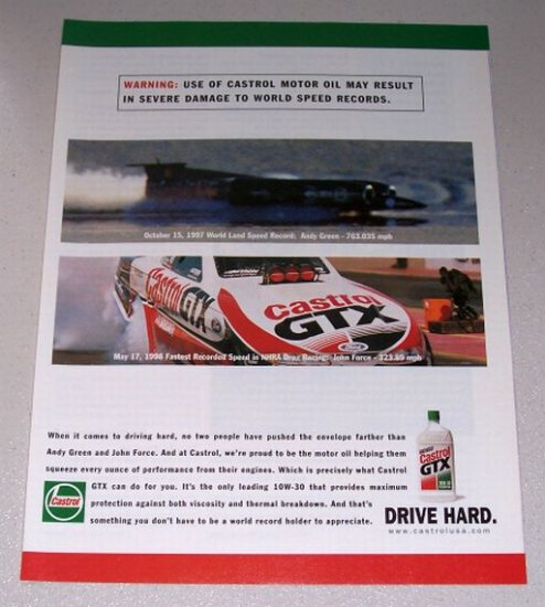 1998 Castrol GTX Motor Oil Color Print Ad NHRA Drag Racing
