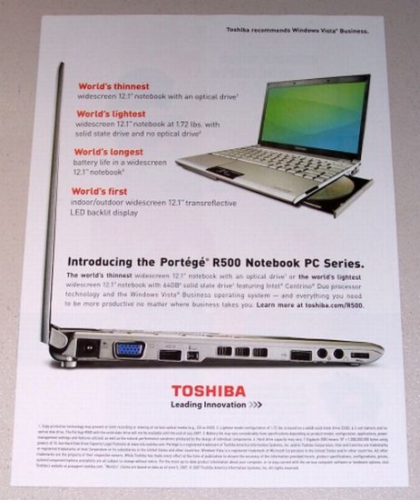 2007 Toshiba Portege R500 PC Notebook Laptop Color Print Computer Ad
