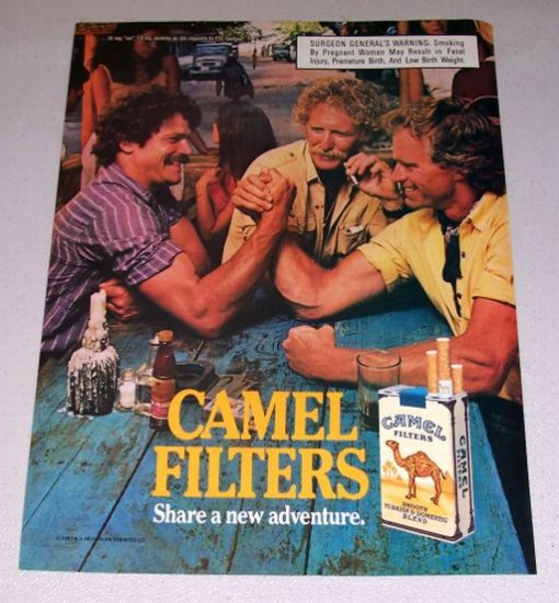 1987 Camel Cigarettes Arm Wrestling Color Print Ad with Pregnancy Warning