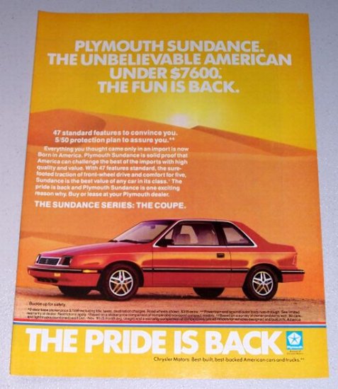 1987 Plymouth Sundance Series Coupe Automobile Color Print Car Ad