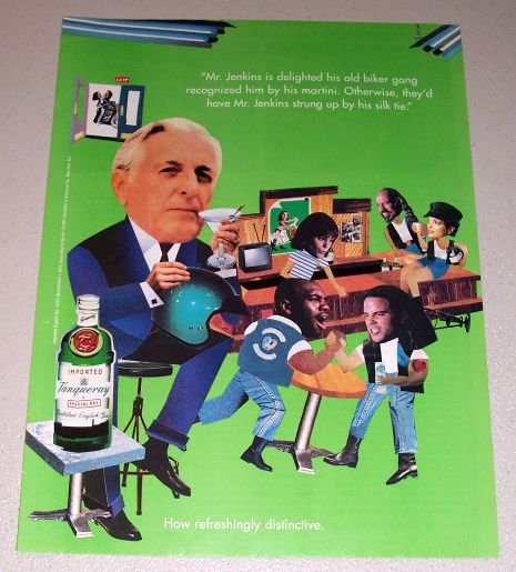1995 Imported Tanqueray Dry Gin Biker Gang Color Print Art Ad