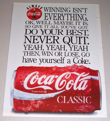 1995 Coca Cola Coke Soda Color Print Beverage Ad - Winning isn't Everything