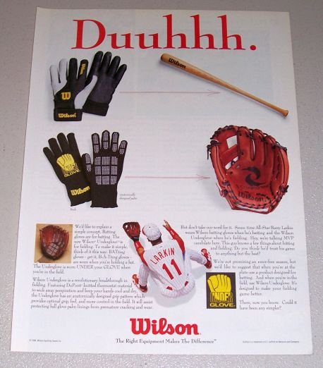 1995 Wilson Underglove Batting Gloves Color Print Ad MLB Reds Baseball Celebrity Barry Larkin