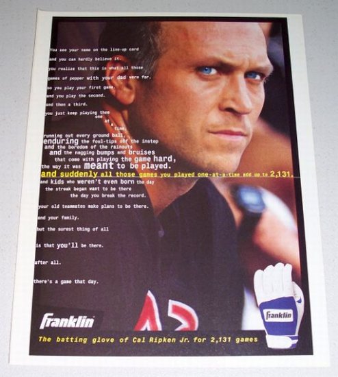 1995 FRANKLIN Batting Gloves Color Print Ad Orioles MLB Baseball Celebrity Cal Ripkin