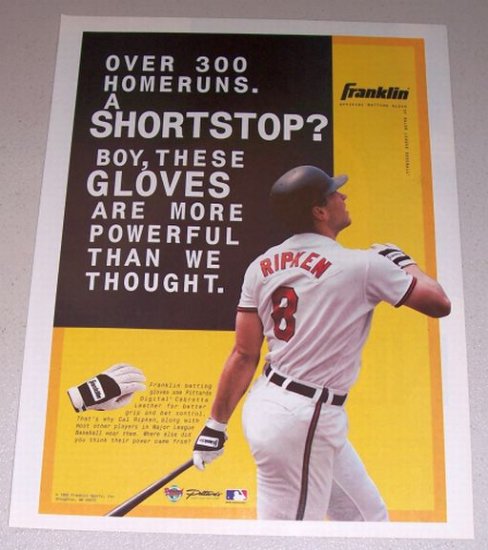 1995 Color Print Ad FRANKLIN Batting Gloves Orioles MLB Baseball Celebrity Cal Ripkin