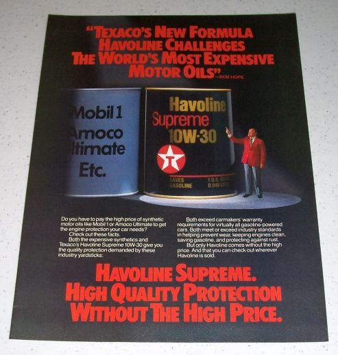 1985 Texaco Havoline Supreme Motor Oil Color Ad Celebrity Bob Hope