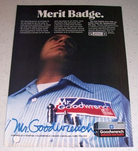 1986 Mr Goodwrench Genuine GM Parts Color Ad - Merit Badge