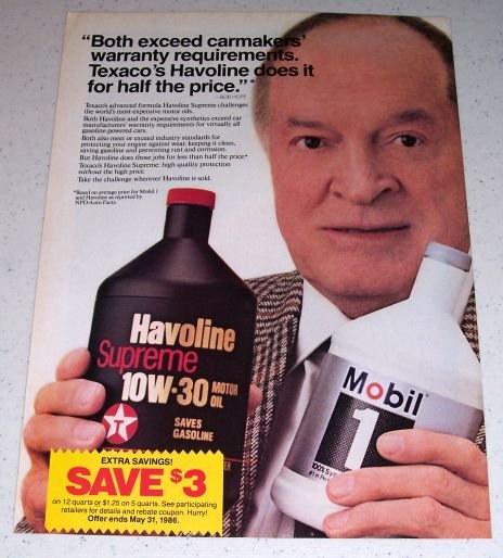 1986 Texaco Havoline Motor Oil Color Ad Celebrity Bob Hope