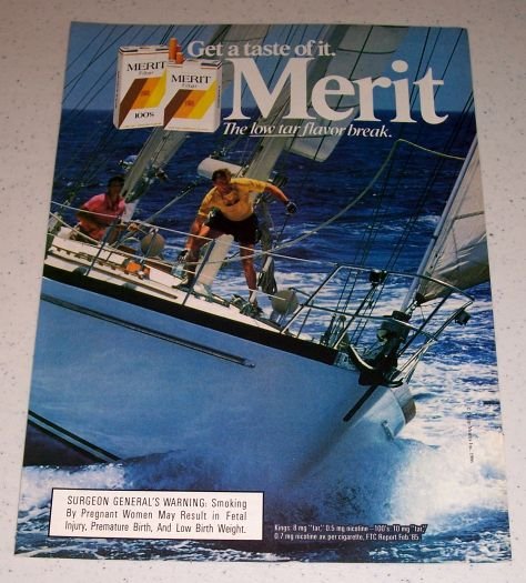 1986 Merit Cigarettes Boat Sailing Themed Color Ad