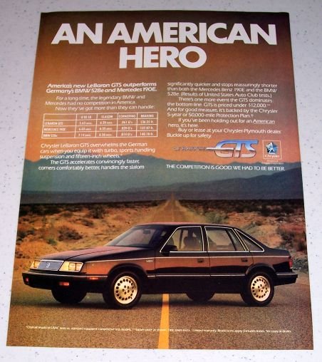 1986 Chrysler LeBaron GTS Automobile Color Car Ad