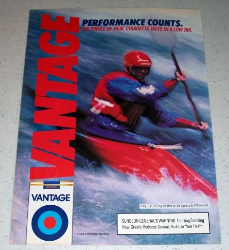 1986 Vantage Cigarettes Kayak Watersports Themed Color Ad