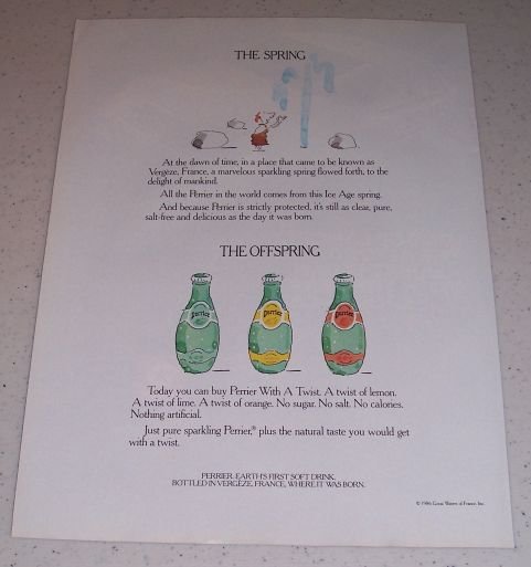1986 Perrier Soft Drink Color Beverage Art Ad
