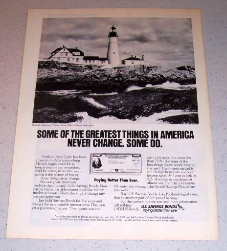 1986 U.S. Savings Bonds Portland Head Light Maine Color Ad
