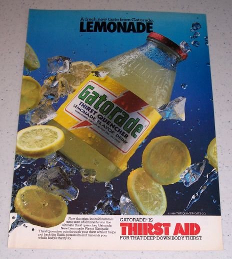 1986 Gatorade Lemonade Flavor Drink Color Ad