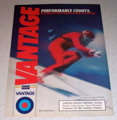 1986 Vantage Cigarettes Snow Skiing Color Tobacco Ad
