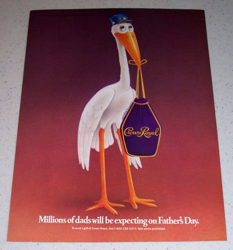 1986 Crown Royal Whiskey Stork Art Color Liquor Ad