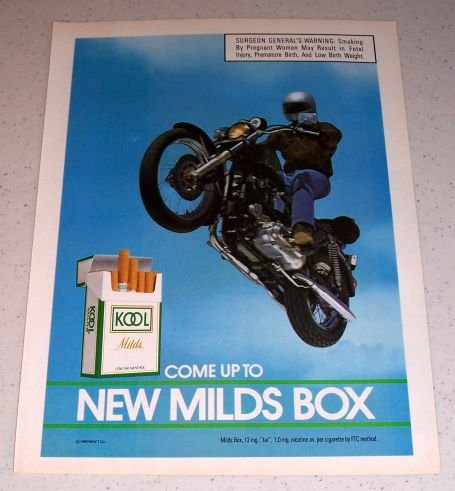 1986 Kool Milds Cigarettes Motorcycle Jump Color Tobacco Ad