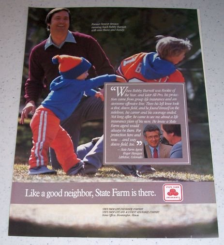 1986 State Farm Insurance Color Ad NFL Denver Broncos Football Celebrity Bobby Burnett