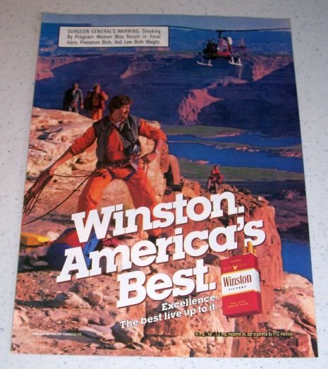 1985 Winston Cigarettes Helicopter Canyon Repelling Color Tobacco Ad