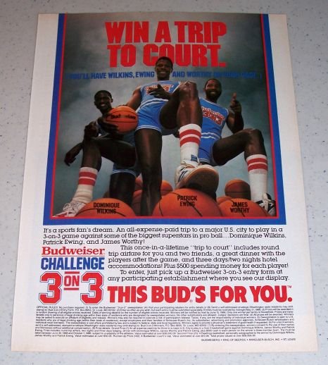 1986 Budweiser Beer Color Brewery Ad NBA Basketball Dominique Wilkins Patrick Ewing James Worthy